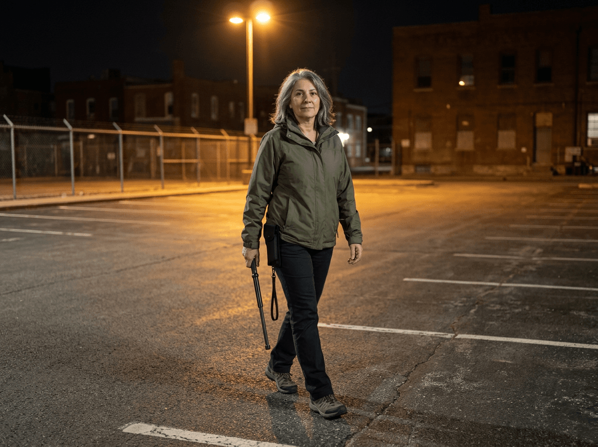 Donna cammina sicura la sera con DefenceStick