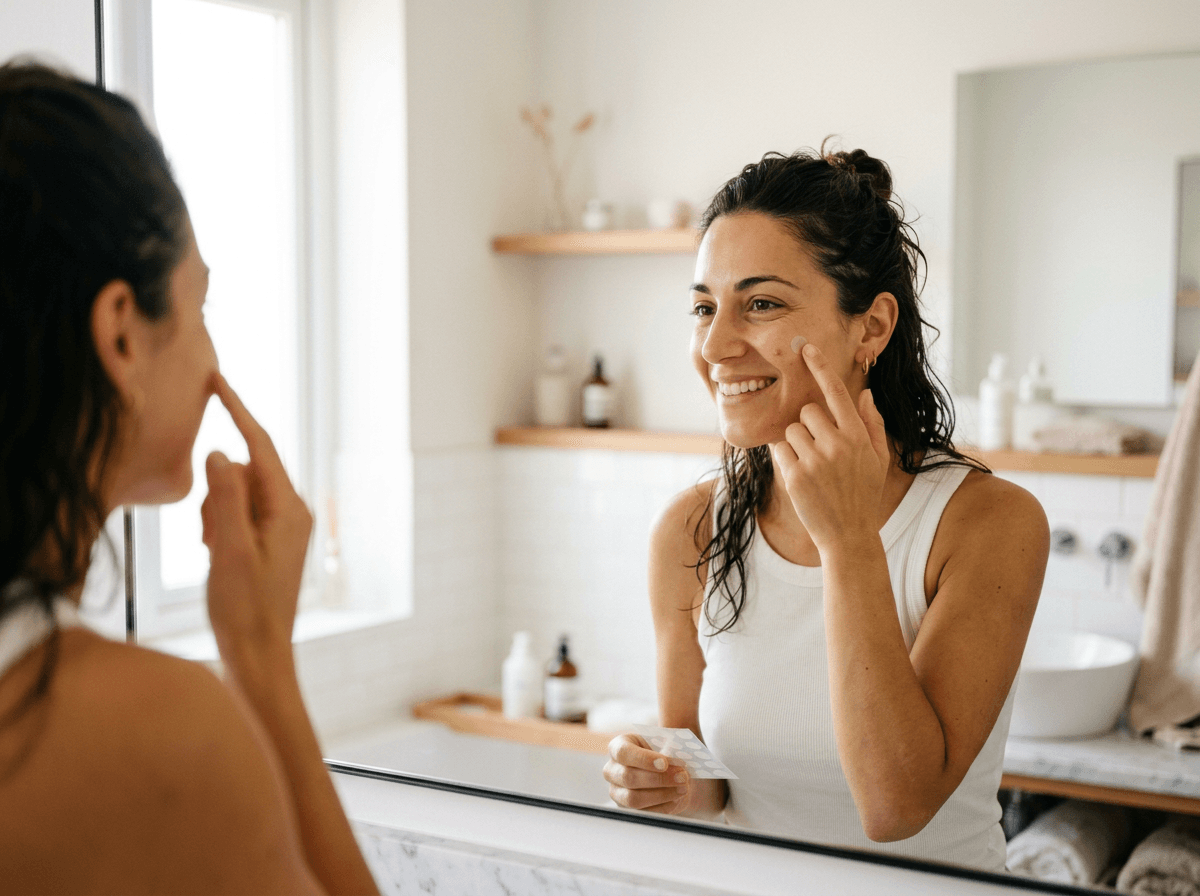 Donna applica un patch ACNESTOP sul viso
