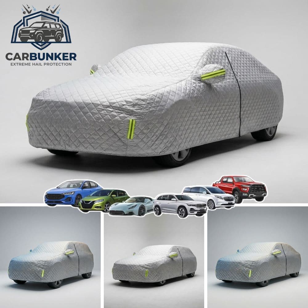 Auto danneggiata dalla grandine senza protezione, metà coperta da CarBunker rimane intatta
